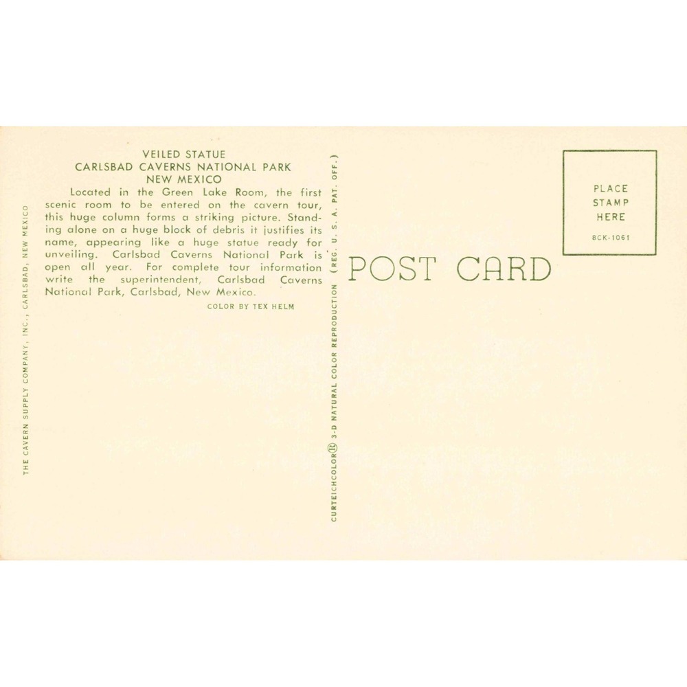 Vtg Carlsbad Caverns NM Veiled Statue Postcard Tex Helm Curteichcolor 8CK1061 - Picture 2 of 2